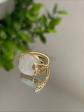 Gold Wire Wrap adjustable Ring with White Druzy Stone